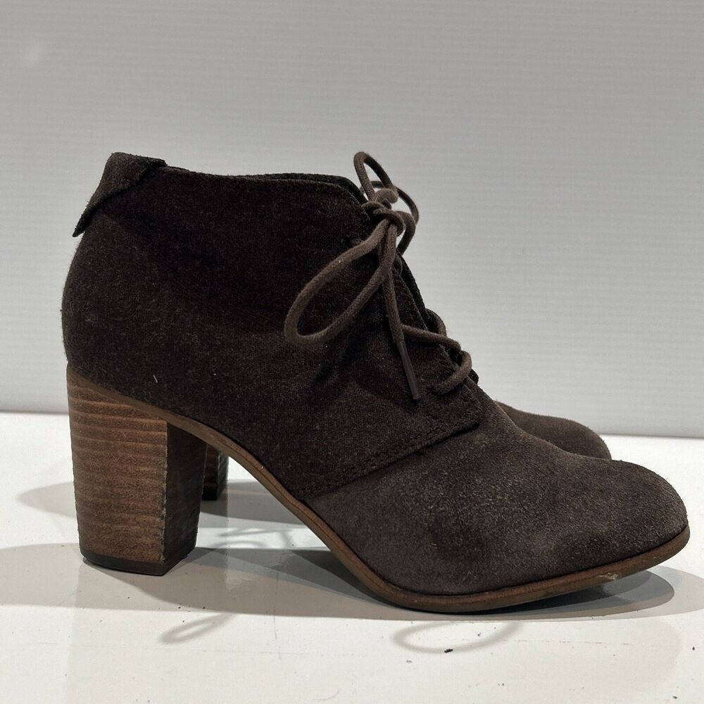 Toms Boots Womens 7. 5 Latuna Ankle High Stacked Block Heels Lace Up Brown Suede